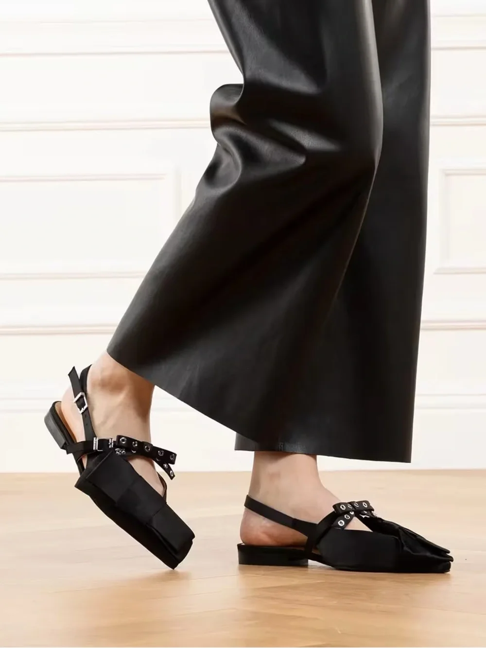 NWT Ganni Black Bow-Accent Slingback Flats